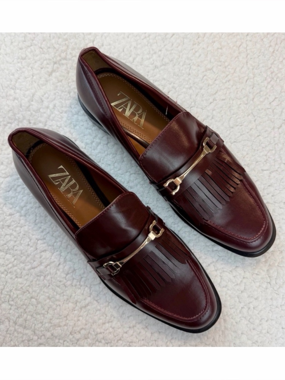 ZARA • Burgundy Leather Fringe Loafers w/ Gold Horsebit Hardware, EU 40 (US 9) - Picture 1 of 16